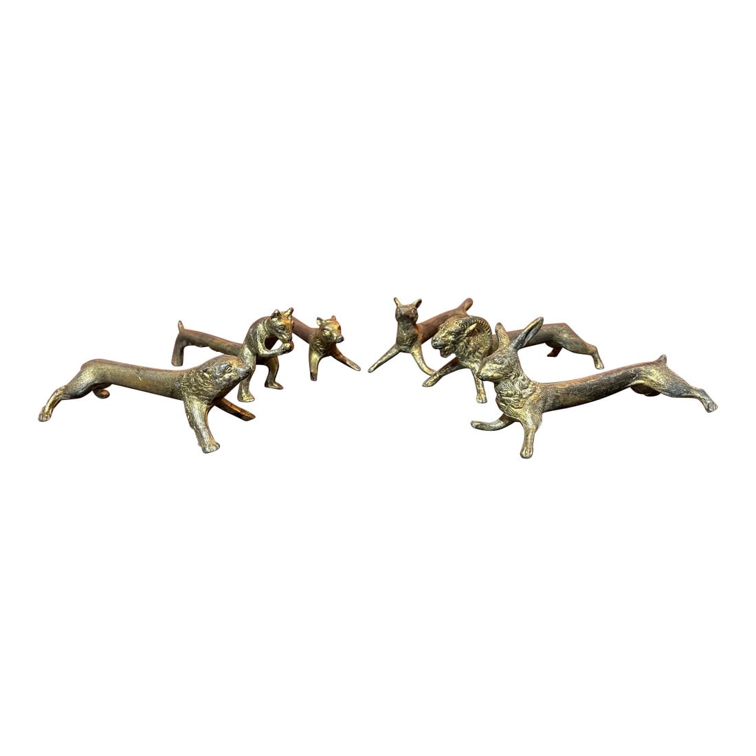 Set of 6 Animalia French Bronzed Knife Rests: This is an adorable set of six French knife rests depicting a ram, a squirrel, a rabbit, a boar and a mystery animal or two! Bring a cheerful look to your table this season with these lovely pieces.