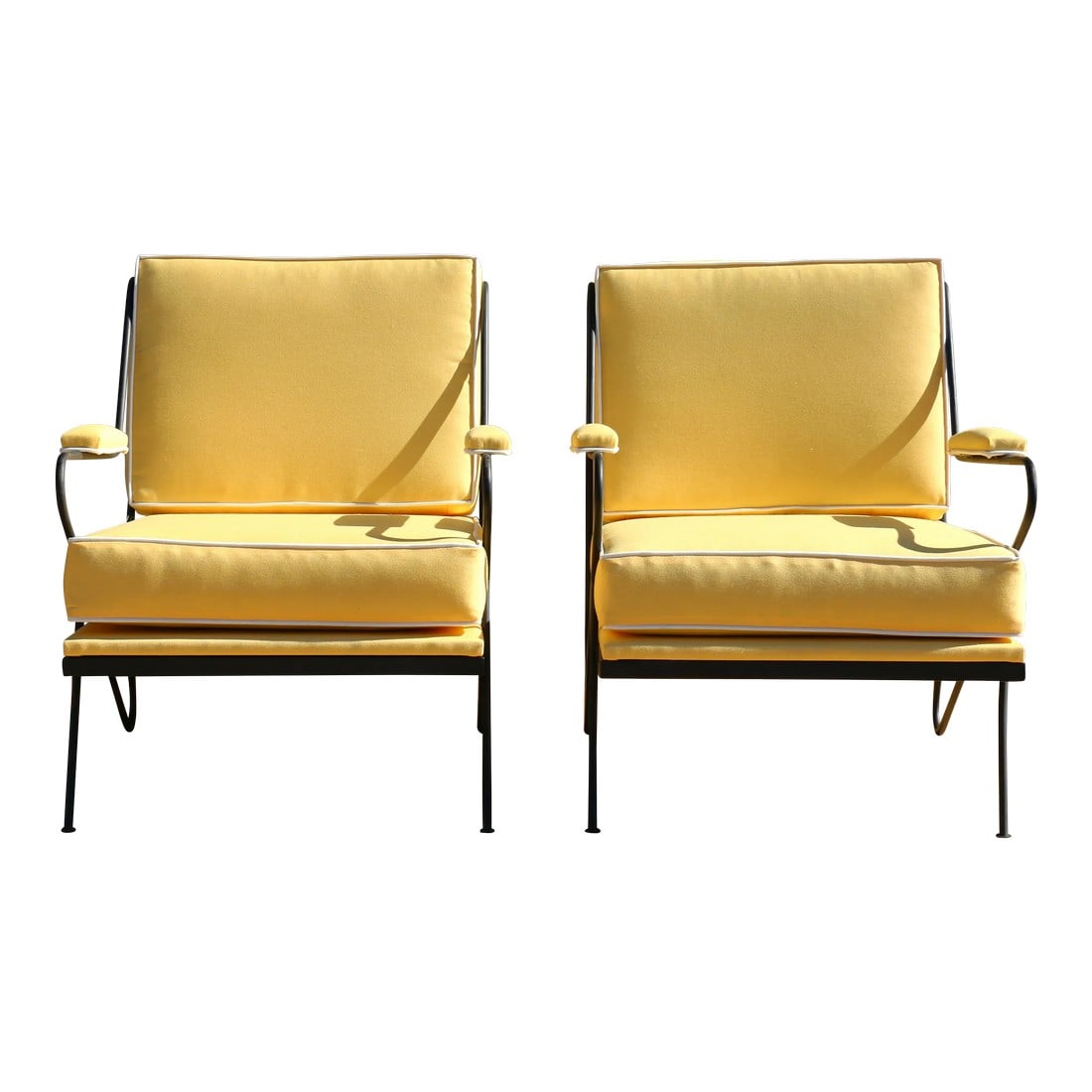 Custom Made Wrought Iron Hairpin Leg Pair of Lounge Chairs (Umbrellas Fabric): Wonderful pair of lounge chairs custom made wrought iron hairpin leg and upholstered with umbrella fabric. The cushions cover comes out. These chairs are in really good condition. They have no
