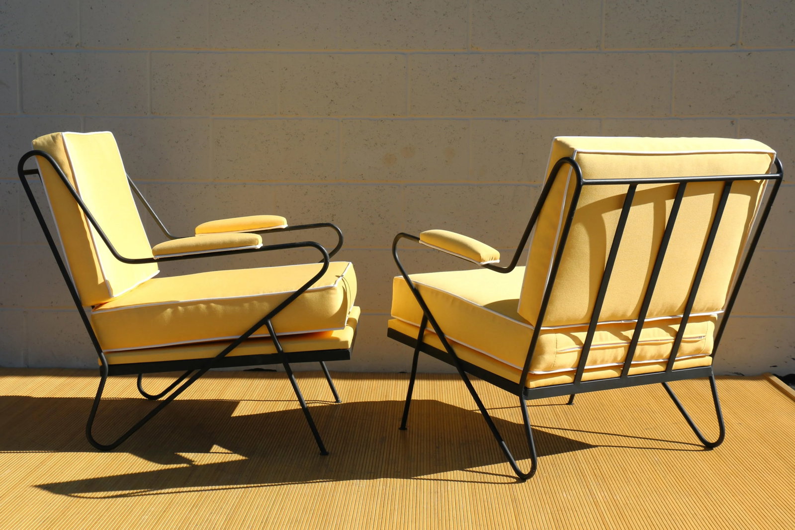 Custom Made Wrought Iron Hairpin Leg Pair of Lounge Chairs (Umbrellas Fabric) - 4