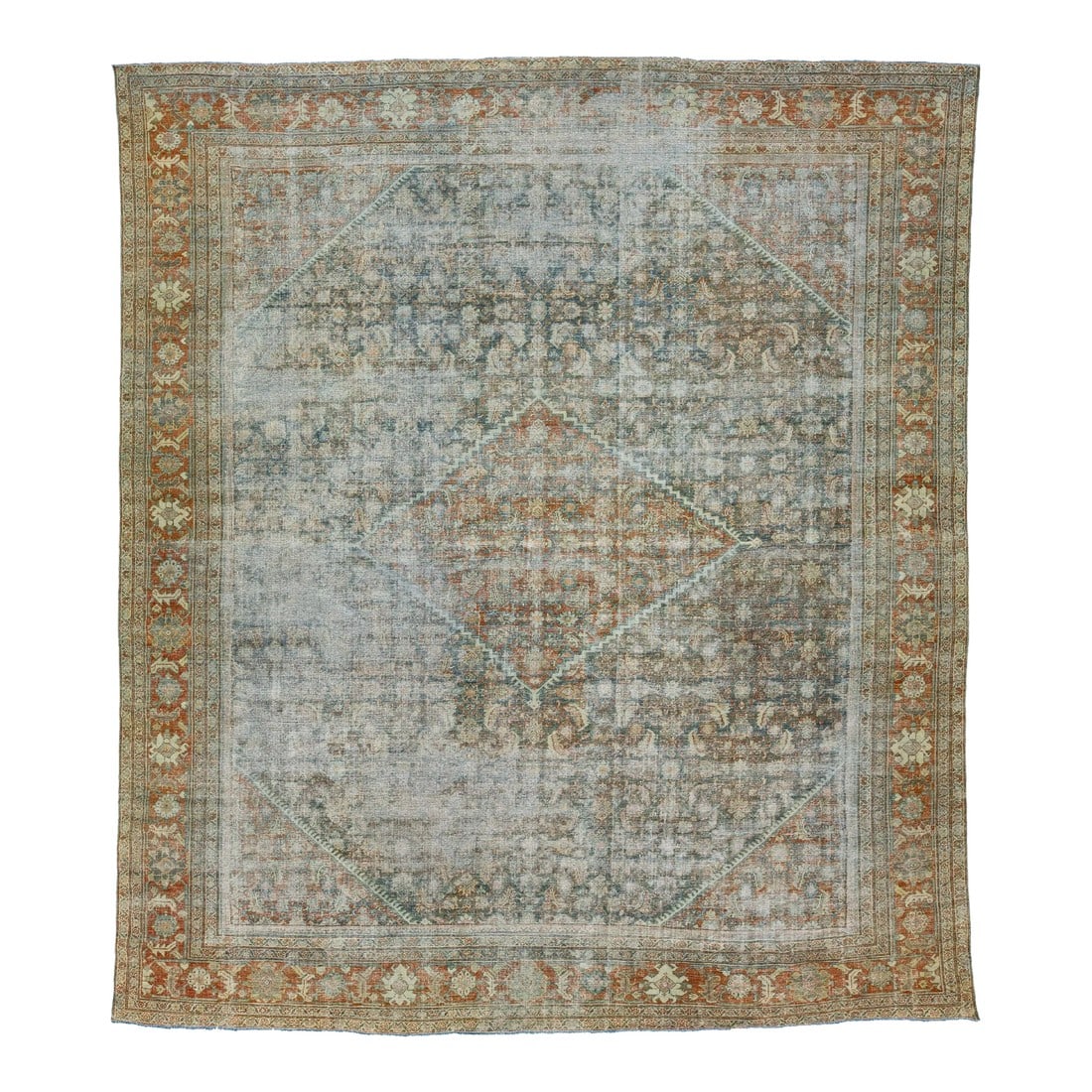 1910s Antique Persian Mahal Allover Wool Rug Handmade in Rust Color: Beautiful Antique Mahal hand-knotted wool rug with a rust color field. This Persian rug has classic blue, gray, beige, and brown hues throughout the floral motif. This rug measures 12'3" x 14'. Condit