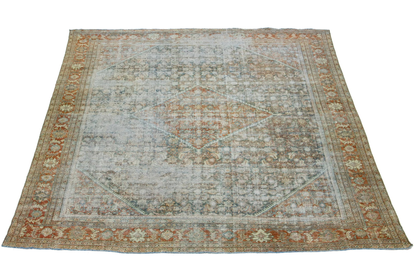 1910s Antique Persian Mahal Allover Wool Rug Handmade in Rust Color - 2