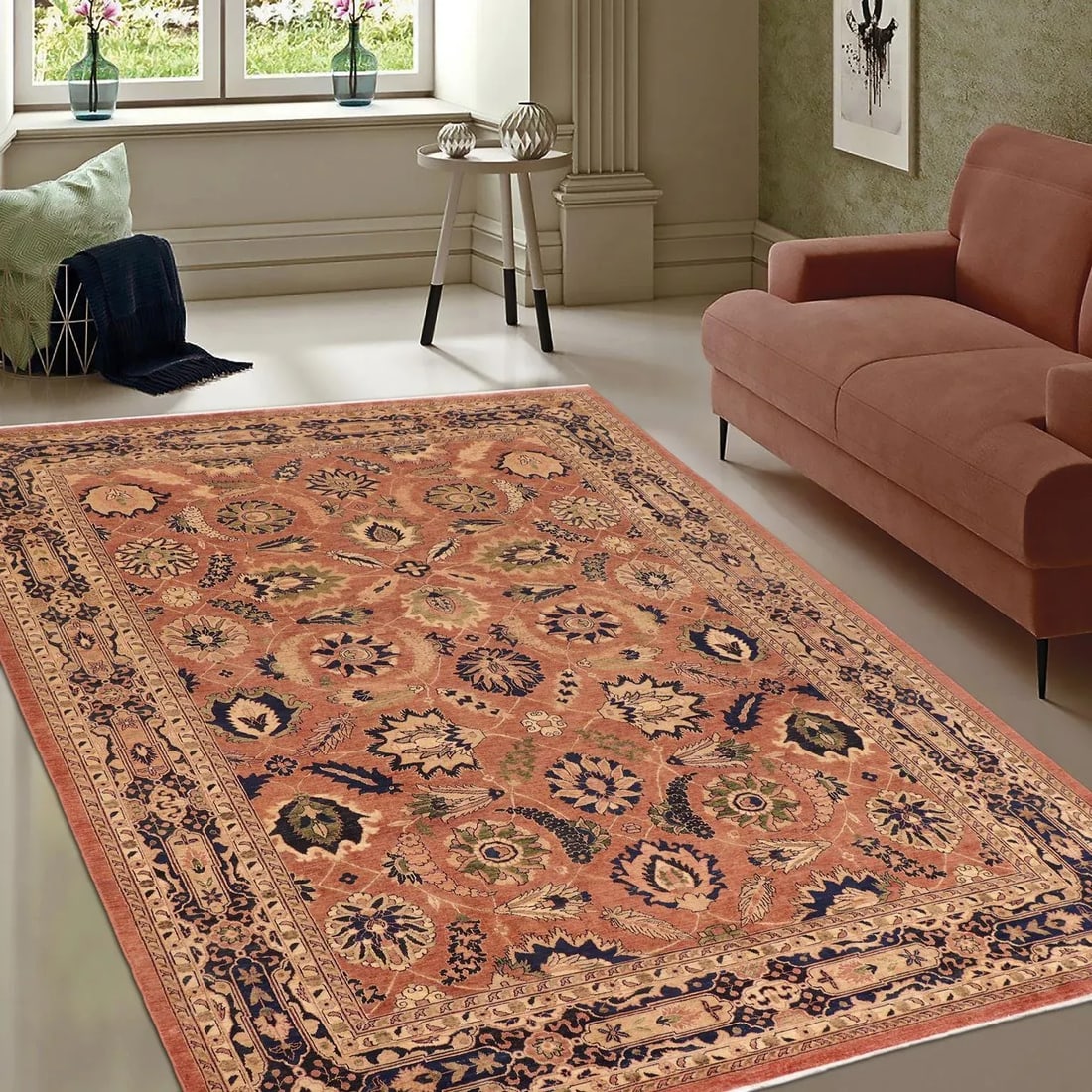 1980s Classic Ziegler Orange Blue Hand-Knotted Wool Rug - 9'11'' X 14'3'' - 2