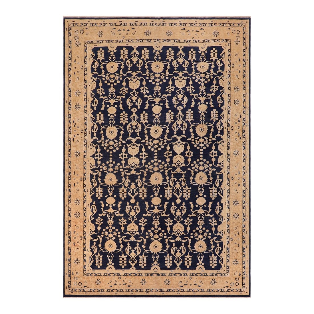 1990s Bohemien Ziegler Blue Brown Hand-Knotted Wool Rug - 9'7'' X 14'6'': Enhance the ambiance of your home with this magnificent Persian-influenced Turkish hand-knotted rug made by skilled artisans capable of creating the most exceptional vegetable dyes and hand-spun