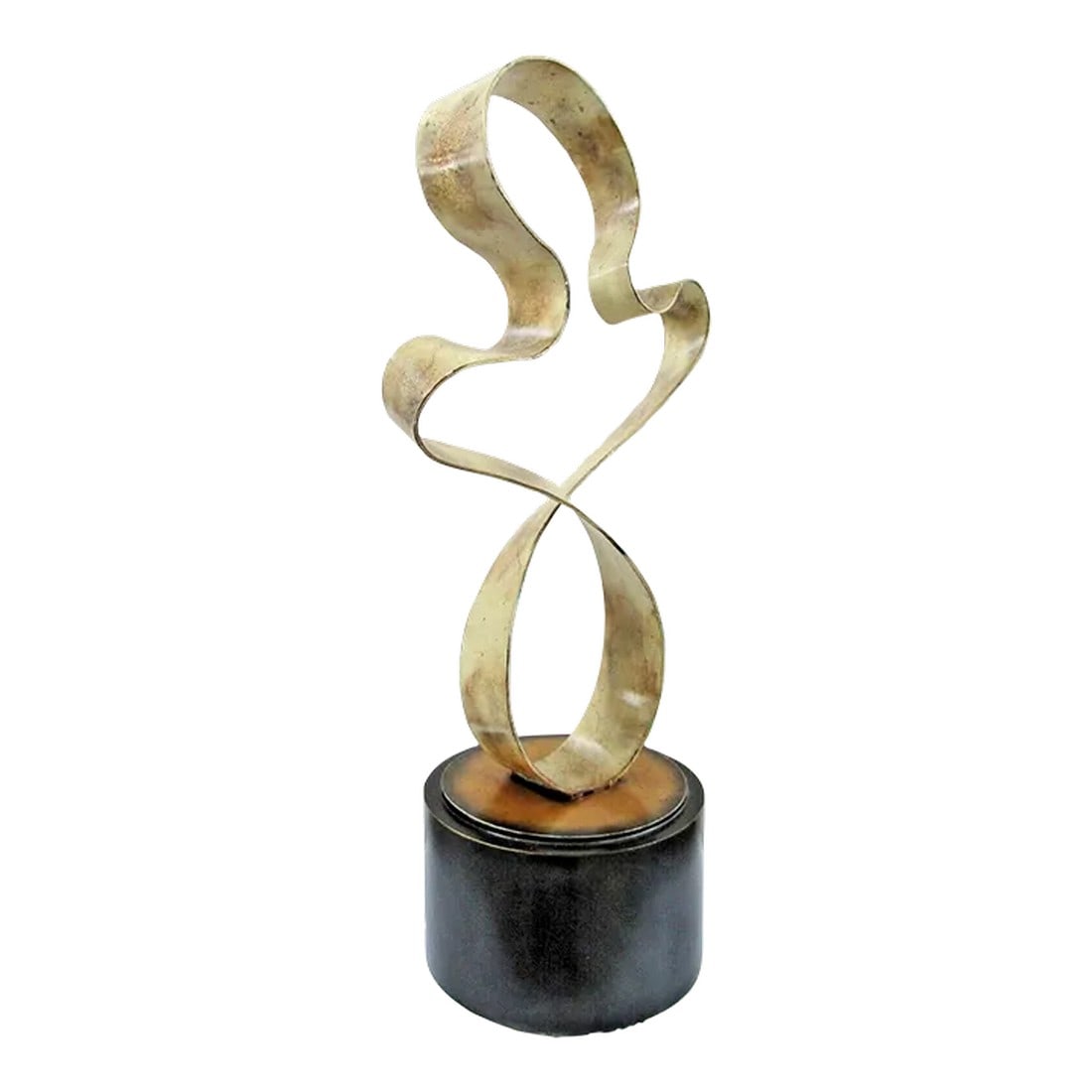 1980s Abstract Steel Ribbon Tabletop Sculpture on Weighted Wood Base: Large 31" Tall Abstract Steel Ribbon Tabletop Sculpture on Weighted Wood Base The steel ribbon varies in width from 2" to 3". The weighted wood base has a 10 1/4" diameter. Measures 31" tall x 15"