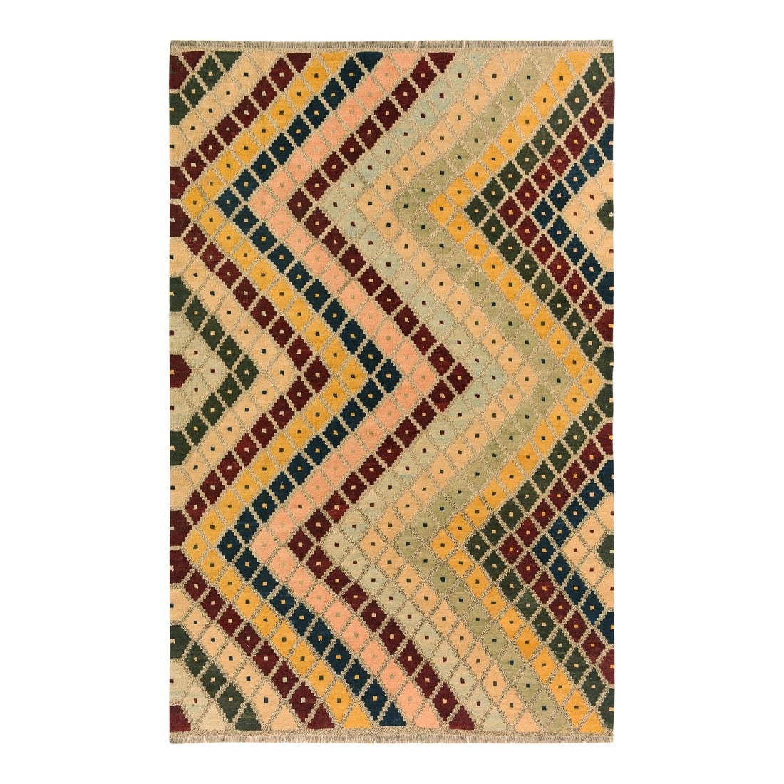 1990s Kilim Gray Gold Wool Rug - 5'6" X 6'6": Add a touch of elegance to your home with this casual chic hand woven Tribal Kilim wool rug. Constructed on a loom by Nomad Turkman people with hand-spun wool and 100% Natural Vegetable dyes these