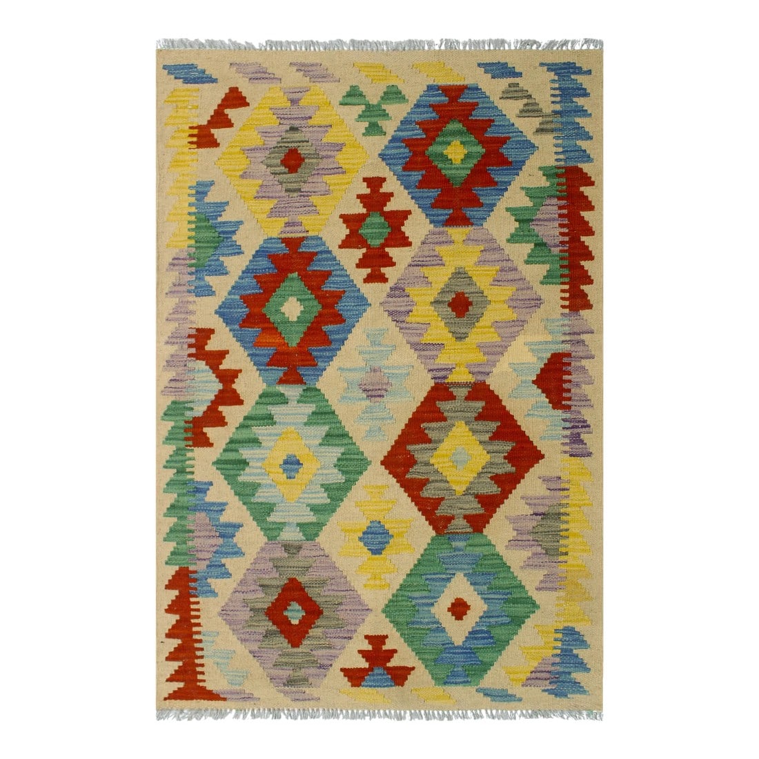 1990s Kilim Beige Blue Wool Rug - 2'7" X 4'3": Add a touch of elegance to your home with this casual chic hand woven Tribal Kilim wool rug. Constructed on a loom by Nomad Turkman people with hand-spun wool and 100% Natural Vegetable dyes these