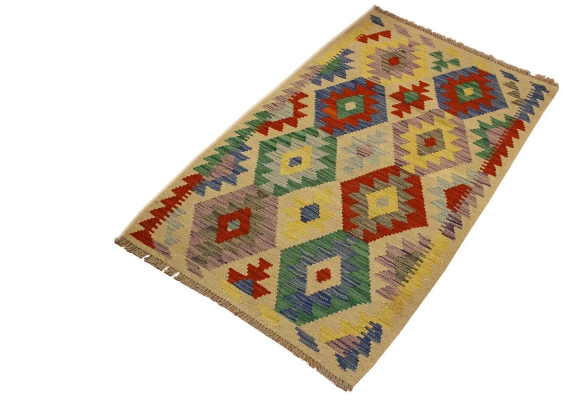 1990s Kilim Beige Blue Wool Rug - 2'7" X 4'3" - 2