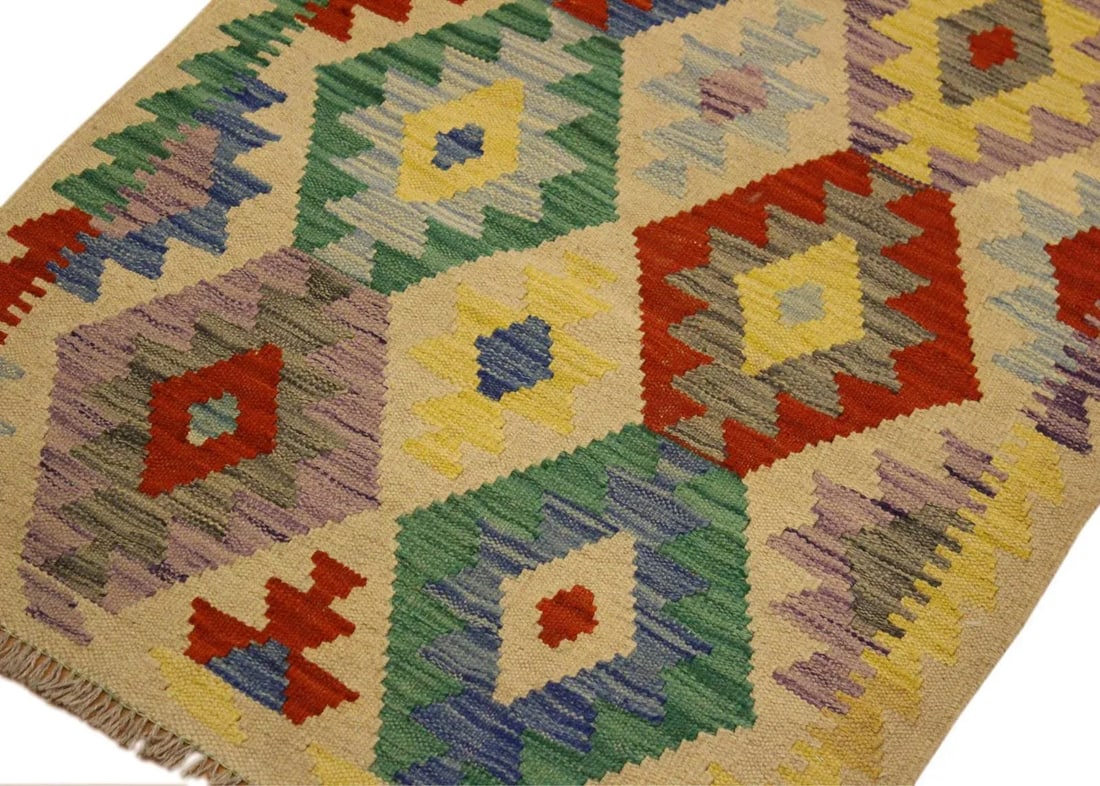1990s Kilim Beige Blue Wool Rug - 2'7" X 4'3" - 3