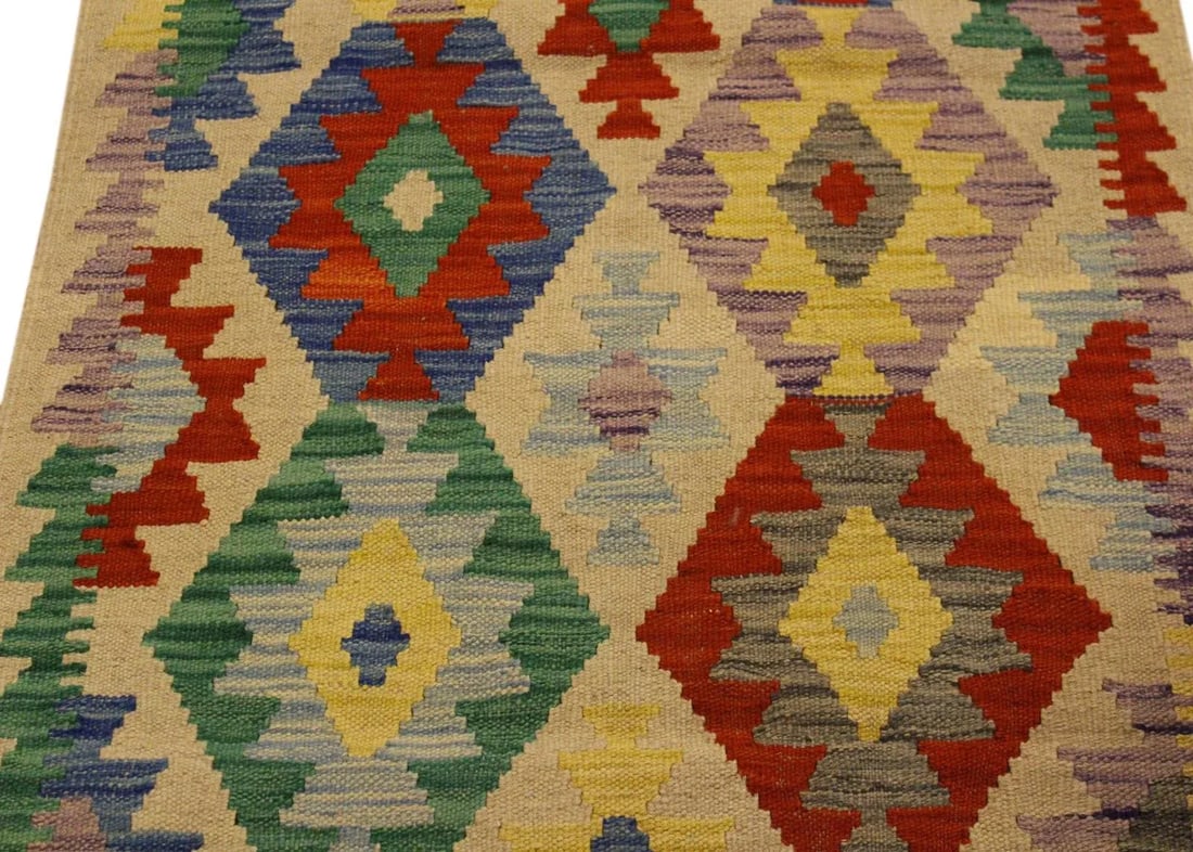 1990s Kilim Beige Blue Wool Rug - 2'7" X 4'3" - 5