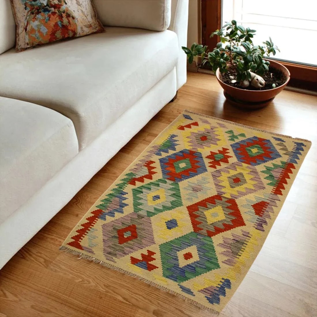 1990s Kilim Beige Blue Wool Rug - 2'7" X 4'3" - 7