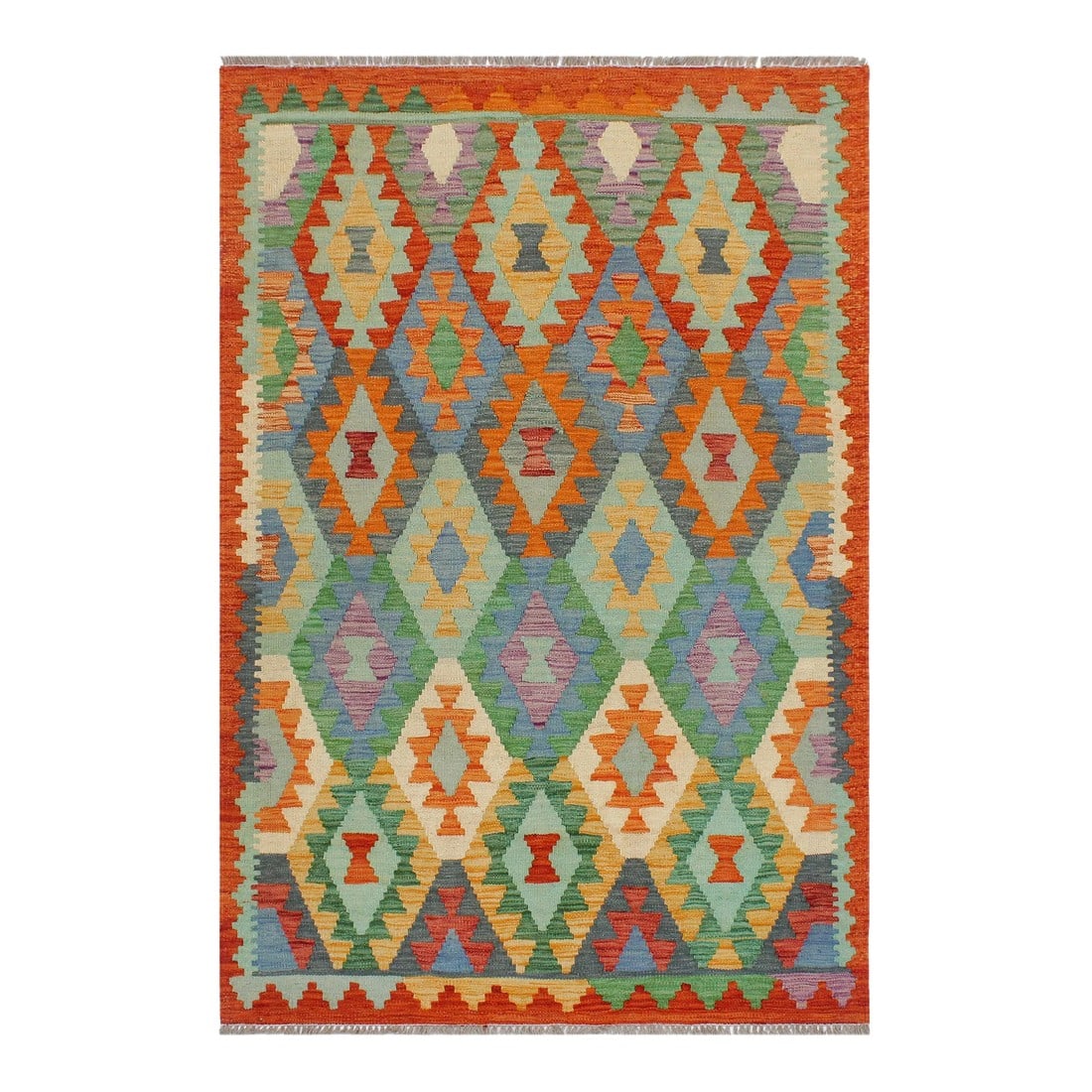 1990s Shabby Chic Kilim Blue Rust Wool Rug - 3'3" X 4'9": Add a touch of elegance to your home with this casual chic hand woven Tribal Kilim wool rug. Constructed on a loom by Nomad Turkman people with hand-spun wool and 100% Natural Vegetable dyes these