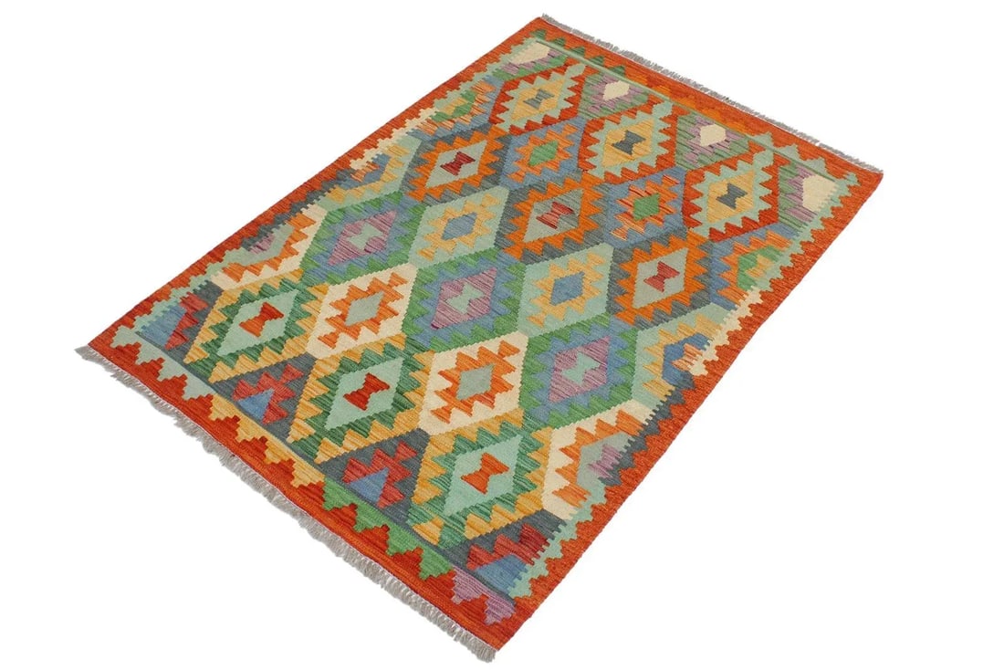 1990s Shabby Chic Kilim Blue Rust Wool Rug - 3'3" X 4'9" - 3