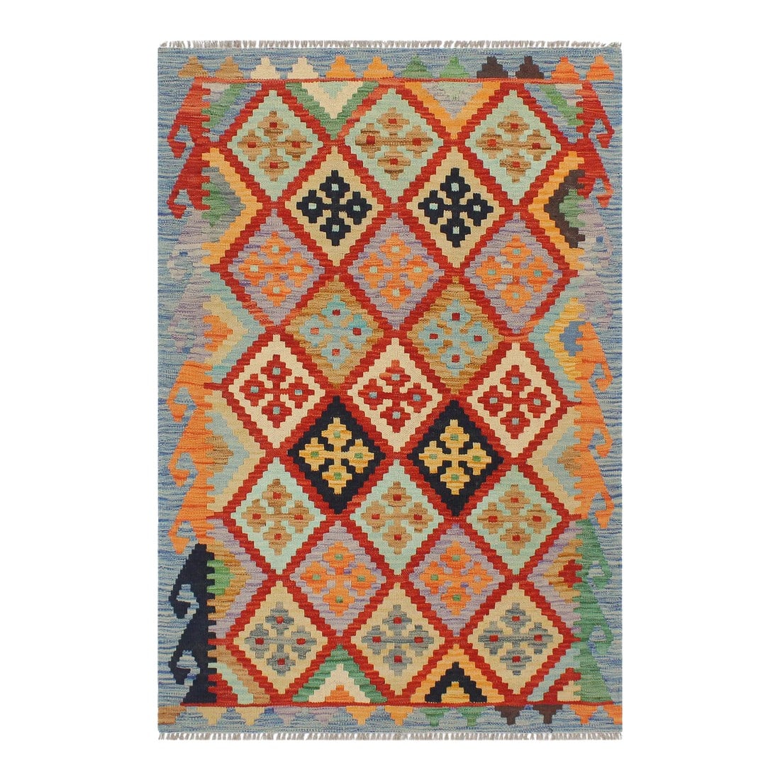 1990s Kilim Rust Blue Wool Rug - 2'9" X 3'10": Add a touch of elegance to your home with this casual chic hand woven Tribal Kilim wool rug. Constructed on a loom by Nomad Turkman people with hand-spun wool and 100% Natural Vegetable dyes these