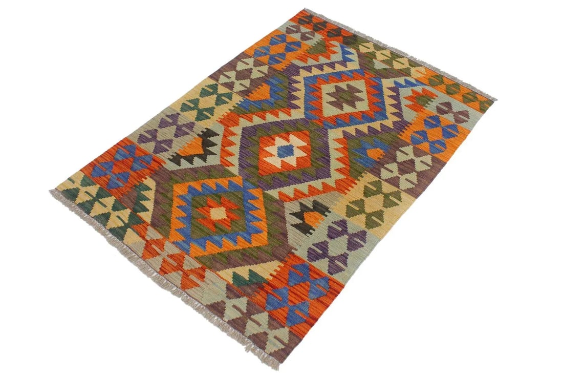 1990s Kilim Rust Blue Wool Rug - 2'7" X 4'1" - 2