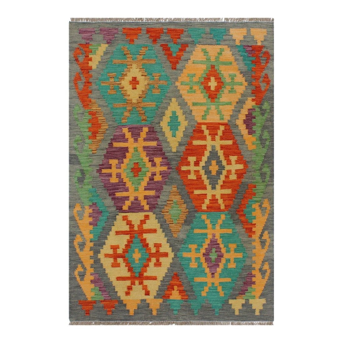 1990s Boho Chic Kilim Gray Rust Wool Rug - 2'11" X 3'10": Add a touch of elegance to your home with this casual chic hand woven Tribal Kilim wool rug. Constructed on a loom by Nomad Turkman people with hand-spun wool and 100% Natural Vegetable dyes these