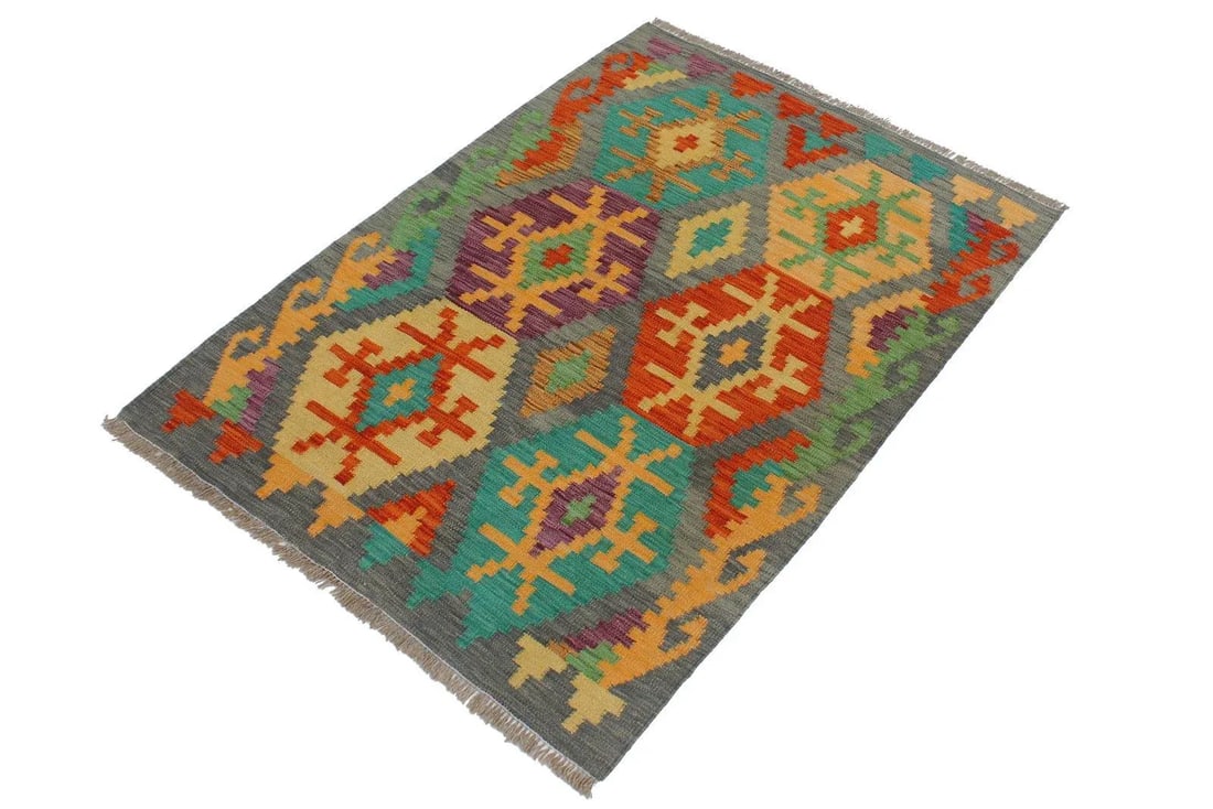 1990s Boho Chic Kilim Gray Rust Wool Rug - 2'11" X 3'10" - 2
