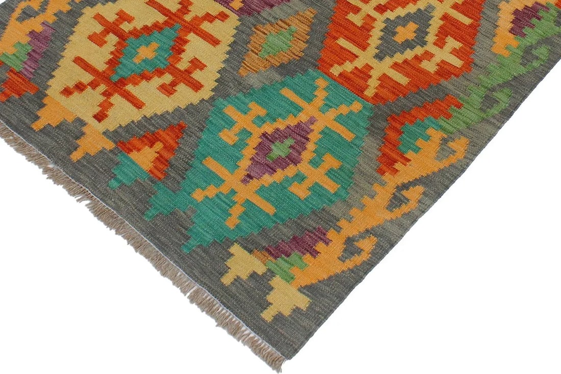 1990s Boho Chic Kilim Gray Rust Wool Rug - 2'11" X 3'10" - 3