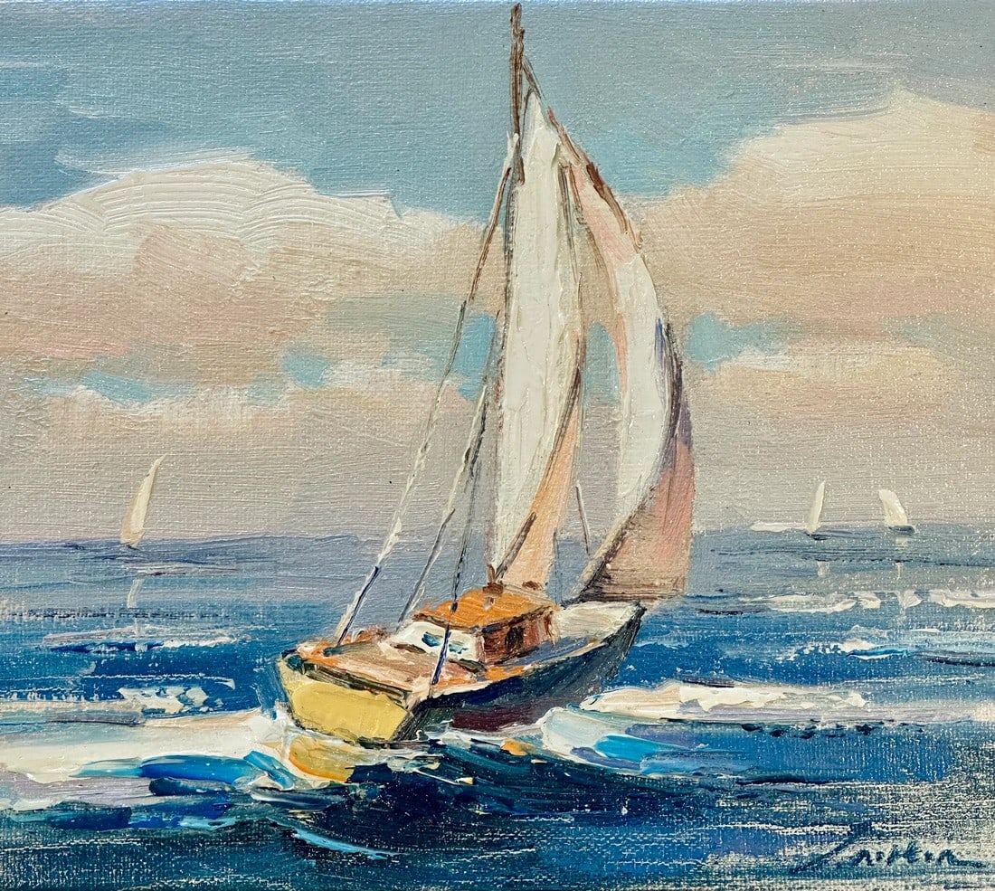 Full Sail, Contemporary Costal Oil Painting on Canvas, Unframed: Original oil on canvas by Scottish artist J. Norton, unframed. Dimensions: 8 1/4 x 10" Condition: Alterations: Original Condition Unaltered Imperfections: Some Imperfections Condition Notes: