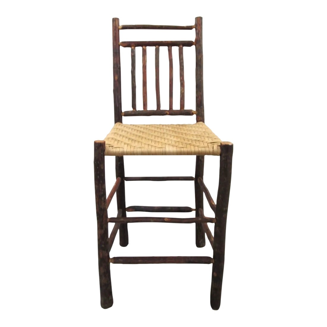 1960s Primitive Wood With Woven Cane Seat Counter Stool: Primitive Wood with Cane Woven Seat Counter Stool Measures 19 1/2" wide, 19" deep and 46.5" tall. Seat height is 27". Seat width 19" and depth is 16 1/2". Weighs approximately 20 pounds. Condition: