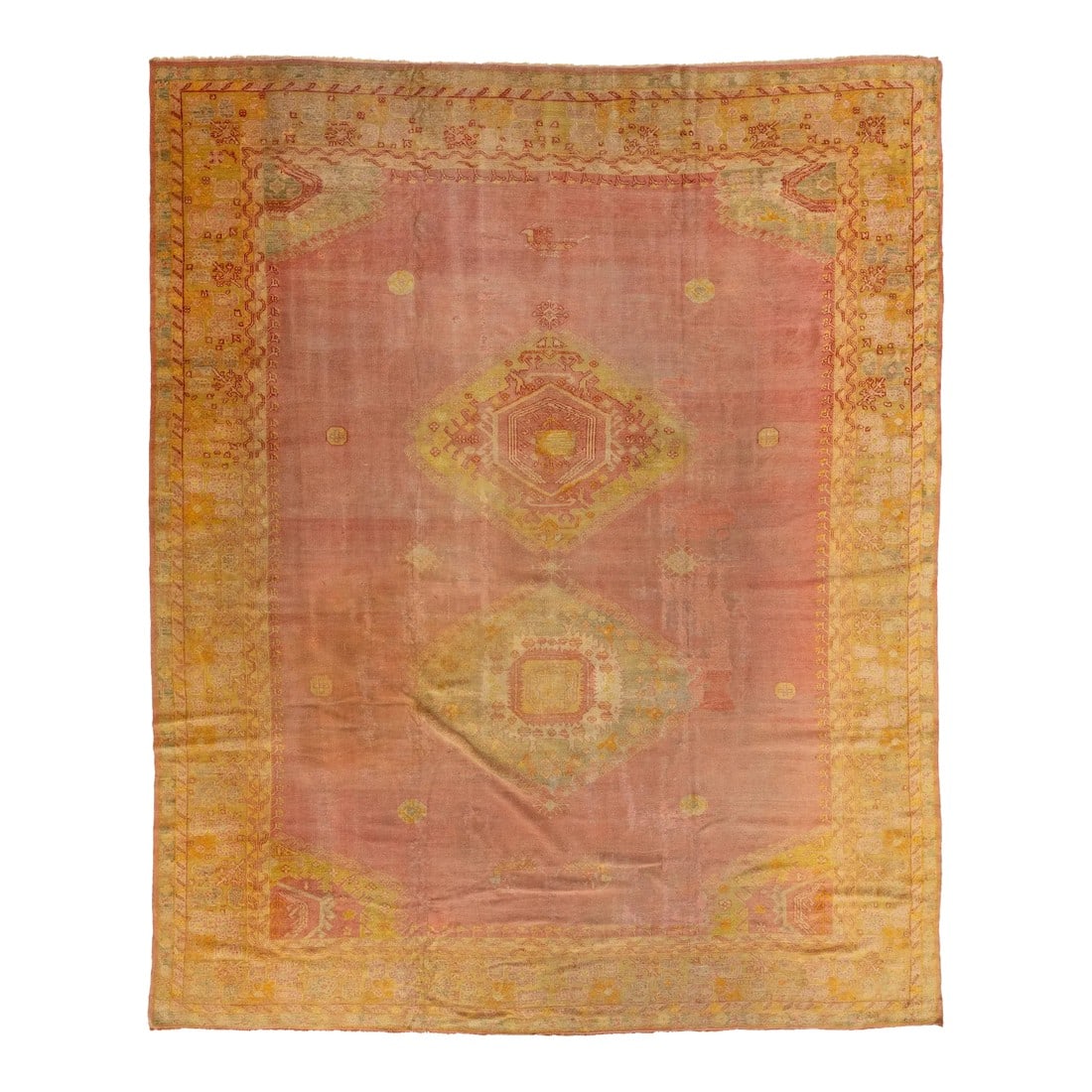 Antique Turkish Oushak Wool Rug Handmade in Terracotta Color: This antique Turkish Oushak rug is a one-of-a-kind piece, hand-knotted with high-quality wool. The striking terracotta color field and intricate medallion motif design with yellow and beige accents