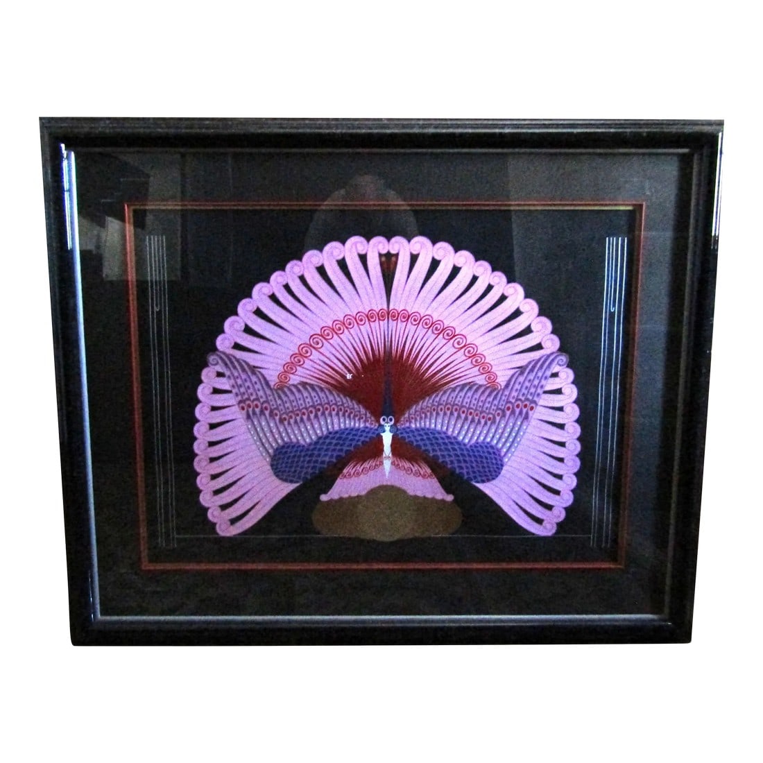 Erté Phoenix Triumphant 1983 Framed Serigraph, Signed Numbered 72/300: Erté Phoenix Triumphant 1983 Framed Serigraph 50 x 41 in. Signed Numbered 72/300 Hand Signed and Numbered by the Artist. Gallery framed in black marble look 1980s frame, triple matted behind refl