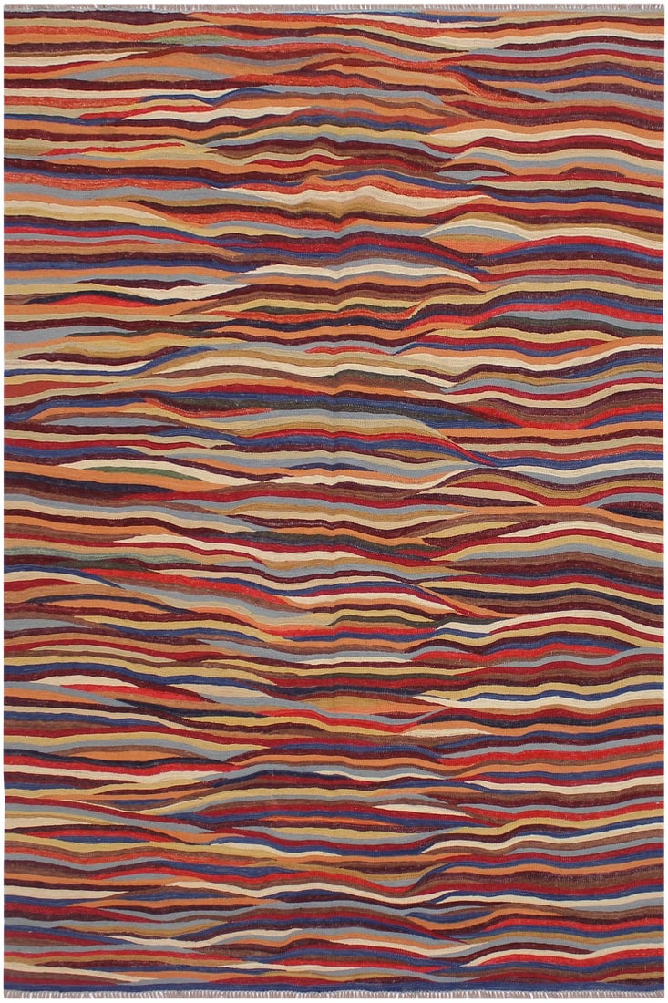 Shabby Chic Kilim Red/Blue Hand-Woven Wool Rug -6'1 X 8'2: Add a touch of elegance to your home with this casual chic hand woven Tribal Kilim wool rug. Constructed on a loom by Nomad Turkman people with hand spun wool and 100% Natural Vegetable dyes these