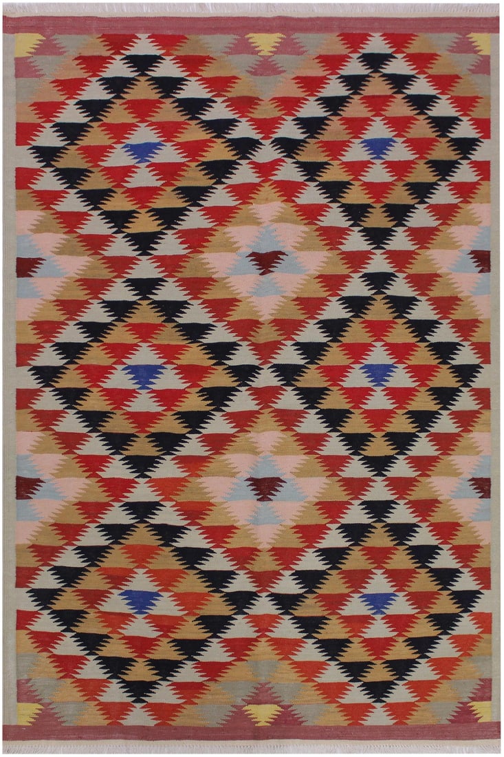 Bohemian Kilim Hand-Woven Wool Rug - 4"²6"³ × 6"²6"³: Add a touch of elegance to your home with this casual chic hand woven Tribal Kilim wool rug. Constructed on a loom by Nomad Turkman people with hand spun wool and 100% Natural Vegetable dyes these