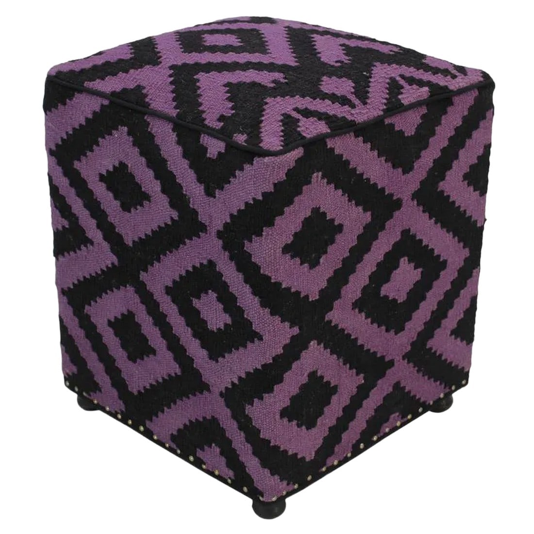 Boho Chic Black/Purple Handmade Kilim Upholstered Ottoman: Chic handmade ottoman crafted using wood and upholstered using hand-woven kilim wool rug is a multi-purpose fashion pouf which will add dimension, color and style to your decor. Inspired by geometric