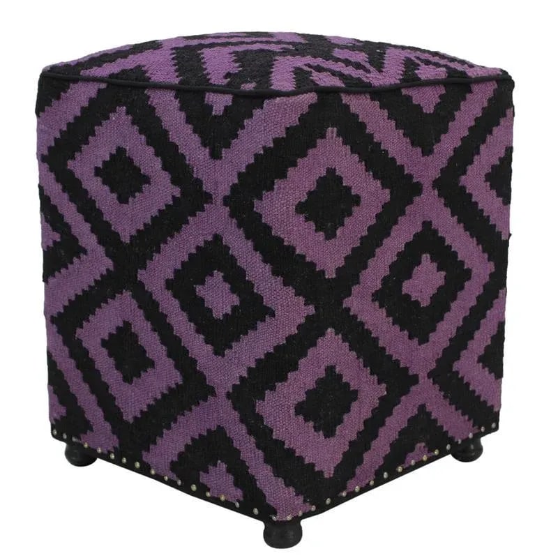 Boho Chic Black/Purple Handmade Kilim Upholstered Ottoman - 4