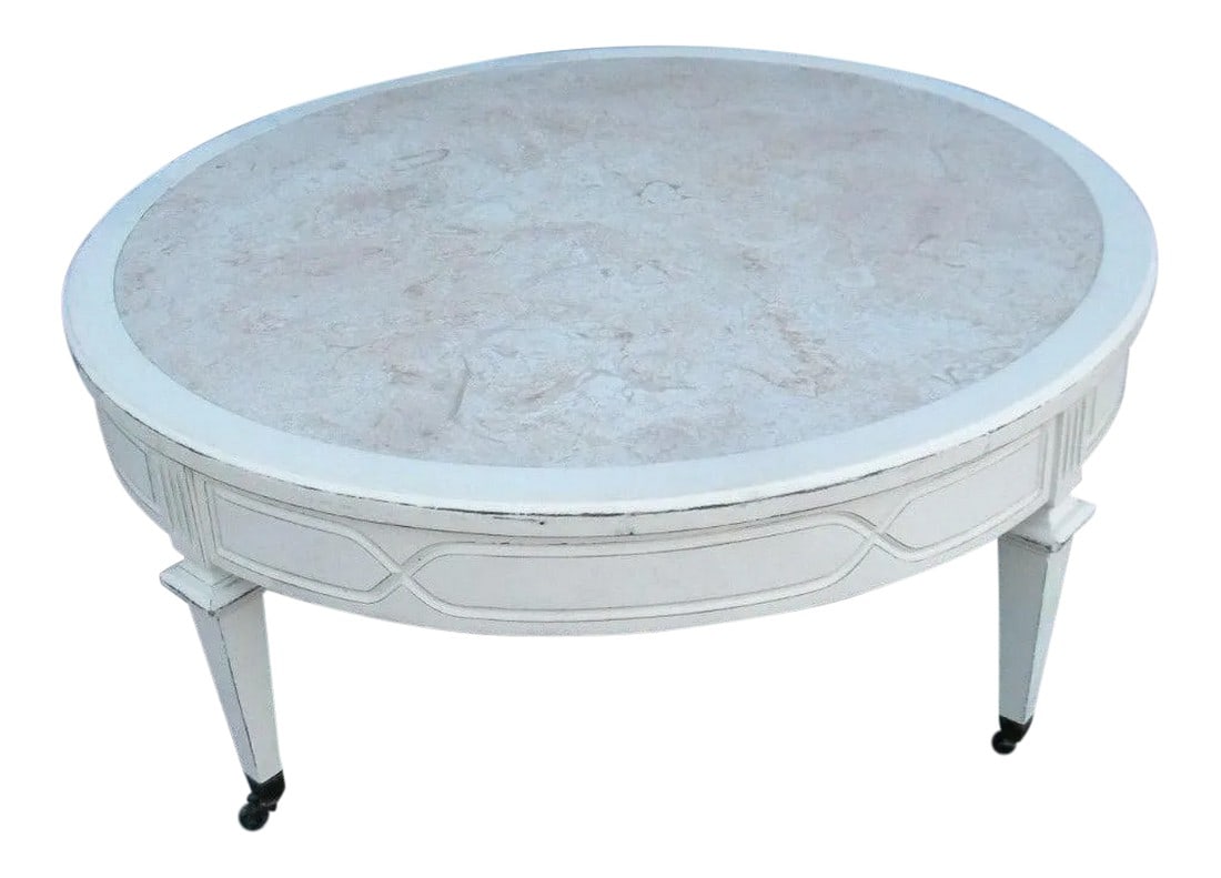 French Round Distressed Painted Coffee Table: This beautiful Coffee Table is made out of wood and solid wood, and it is in good original condition. This wonderful Table has a stylish laminate/marbleized top that is designed to look like marble,