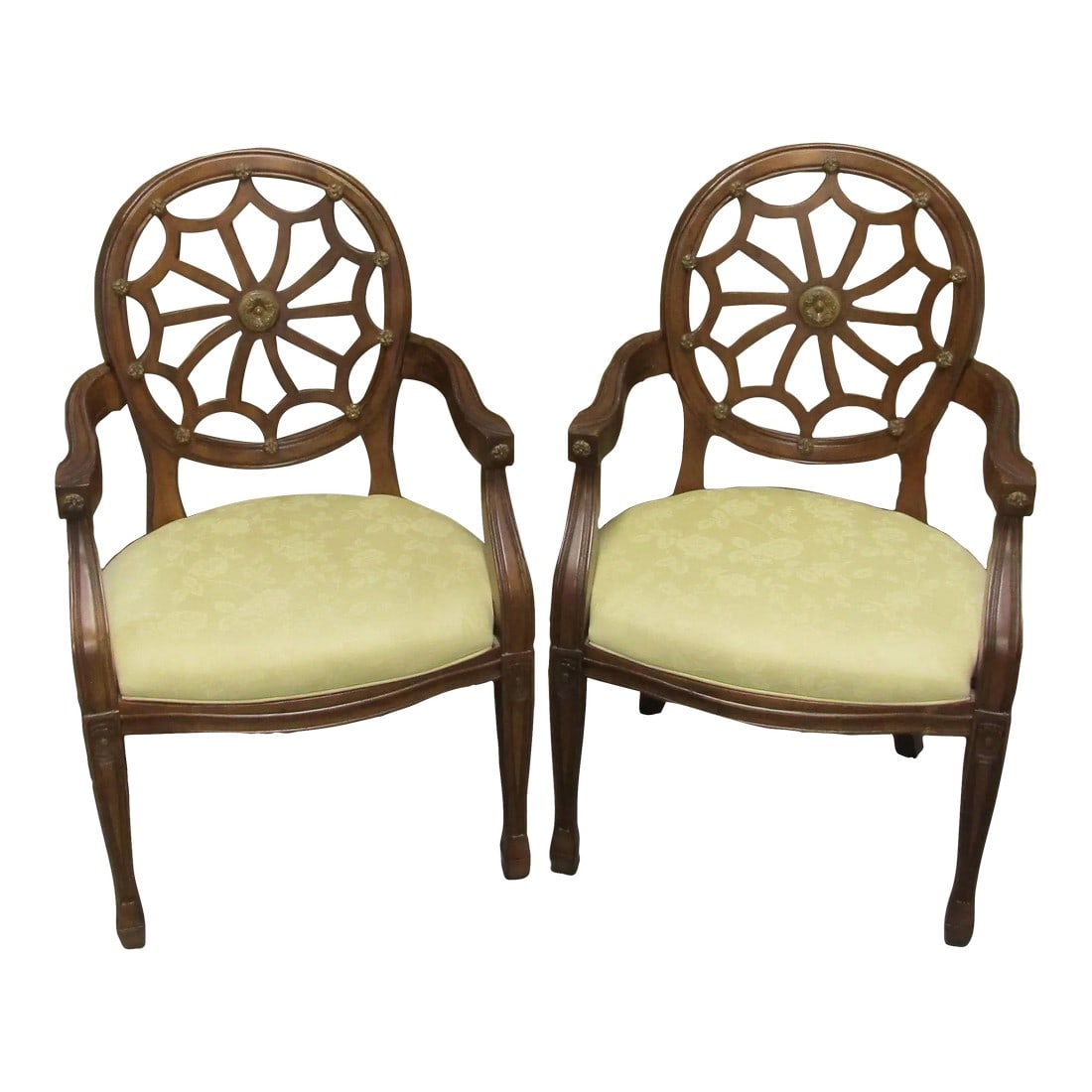 Pair of Georgian Style Carved Mahogany Wheelback Arm Chairs With Floral Damask Seats: Pair of Georgian Style Carved Mahogany Wheelback Arm Chairs With Floral Damask Seats Purchased from a Boca Raton Florida high-end estate sale. Each measures 23 1/4" wide, 25" deep and 38" tall. The