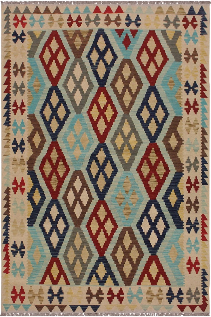 Contemporary Kilim Ivory/Brown Hand-Woven Wool Rug - 5'3 X 6'8: Add a touch of elegance to your home with this casual chic hand woven Tribal Kilim wool rug. Constructed on a loom by Nomad Turkman people with hand spun wool and 100% Natural Vegetable dyes these