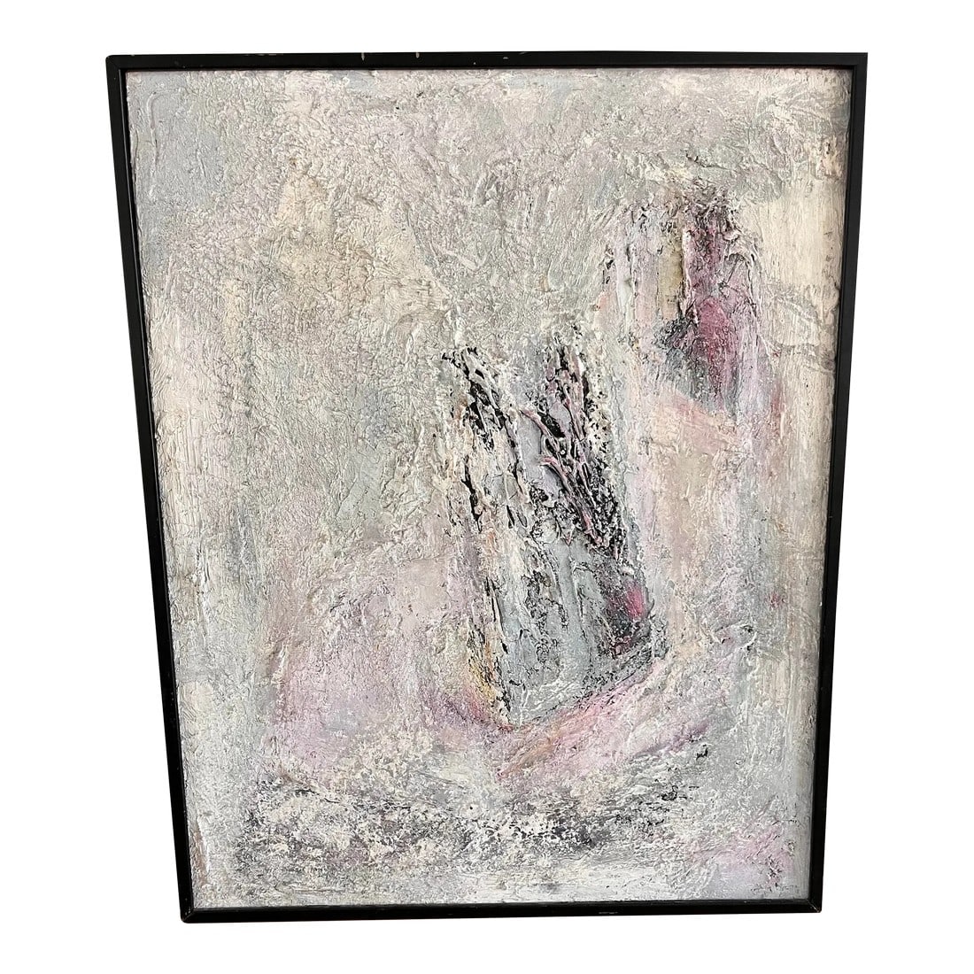 Geri Taper (Braunstein) 1968 Abstract Acrylic Painting Titled 'Hidden Image': Geri Taper (Braunstein) 1968 Abstract acrylic painting with thick, impasto texture in cool whites, blues and purples. Signed, dated and titled 'Hidden Image' on reverse. Framed in a black wood frame.
