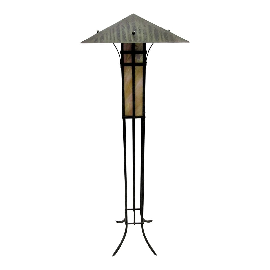 1970s Craftsman Mission Style Metal and Mica Torchier Floor Lamp: Craftsman Mission Metal and Mica Torchier Floor Lamp This floor lamp offers a soft outward glow. Has an inline foot switch. Measures shade 17" square, base 11" square" and 56 1/2" tall. Weighs 19