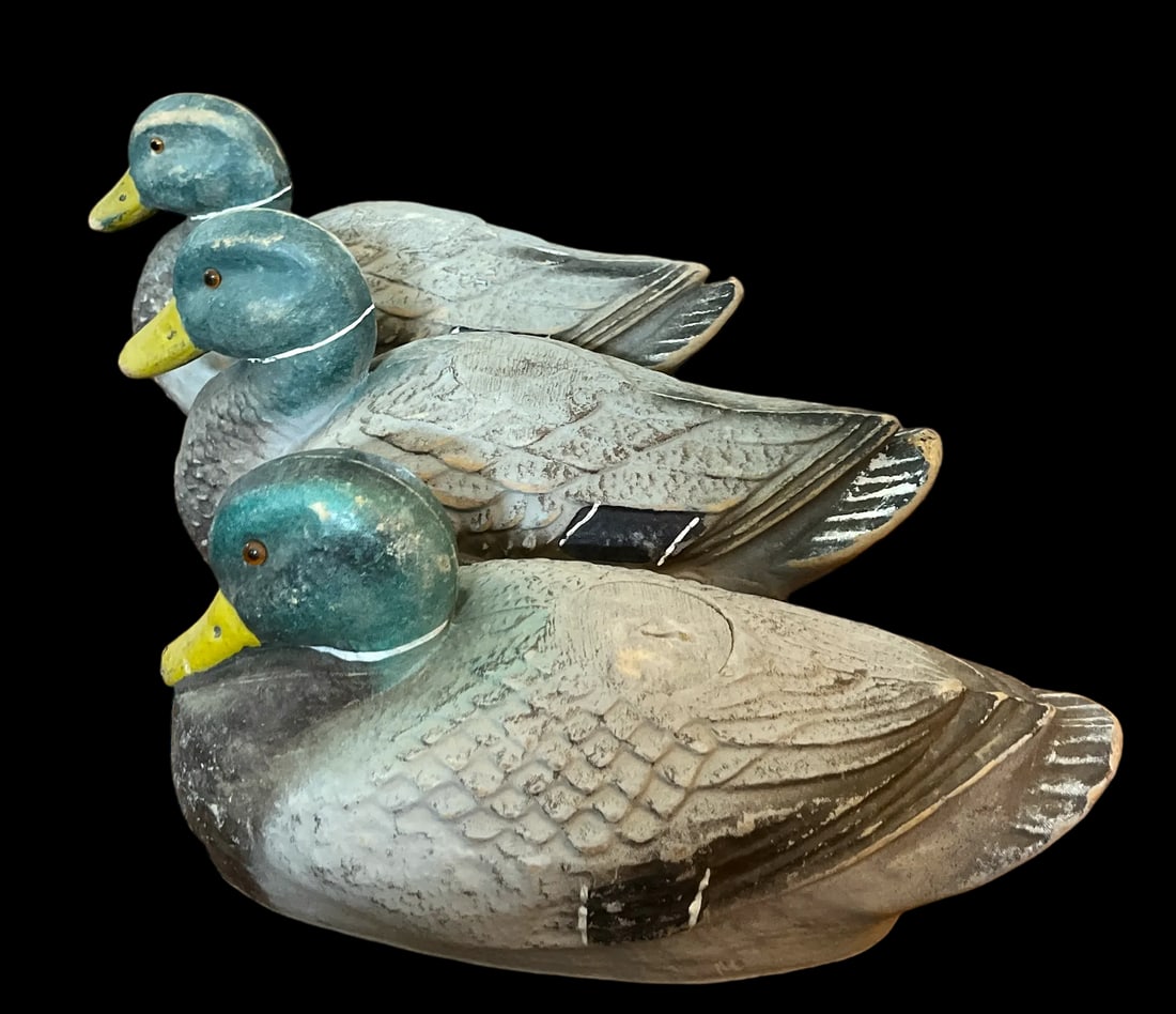 1940s Hand Painted Papier Mâché Mallard Drake Duck Decoys - Set of 3 - 2