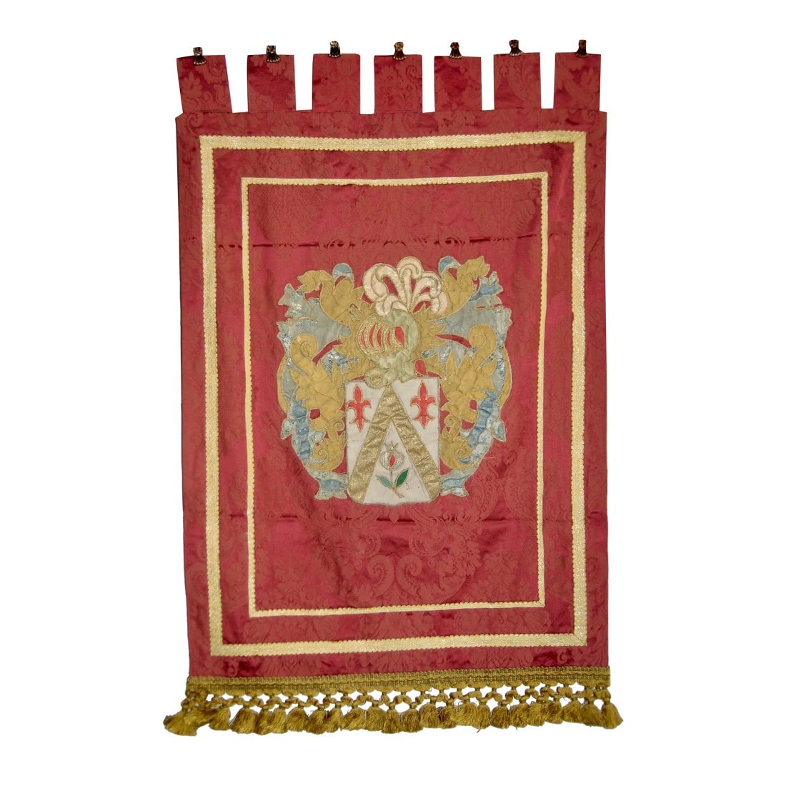 French Knight Family Crest or Coat of Arms 19 Century: This family crest is absolutely splendid , very elegant and sophisticated you will find a lot of attention to details , made out of silk and metallic trim applied to a damask silk the result is