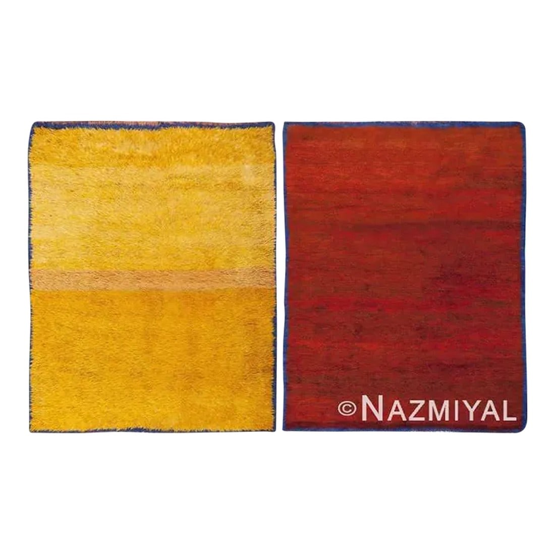 Nazmiyal Collection Vintage Solid Abstract Double Sided Moroccan Reversible Rug: Cleverly constructed with a double-sided field, this inventive vintage Moroccan rug features a bright saffron yellow face with nuanced scarlet hues on the reverse. A Magnificent Abstract and Solid