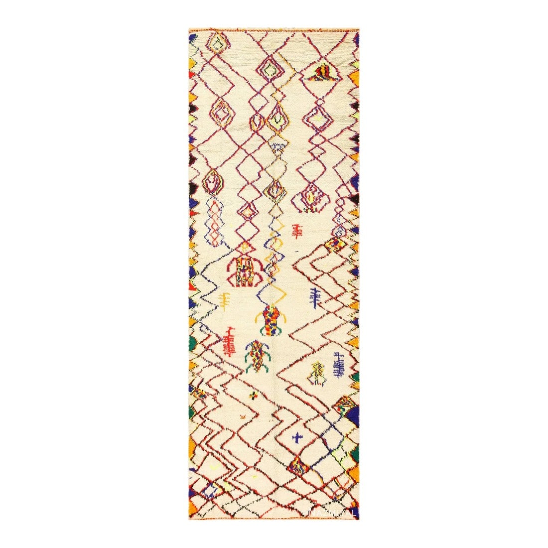 Nazmiyal Collection Vintage Shaggy Moroccan Azilal Rug: This vintage shaggy Moroccan Azilal rug from Morocco features diagonal shapes and strong, rigid lines to create a grounding presence in the vintage rug. Condition: Alterations: Original Condition