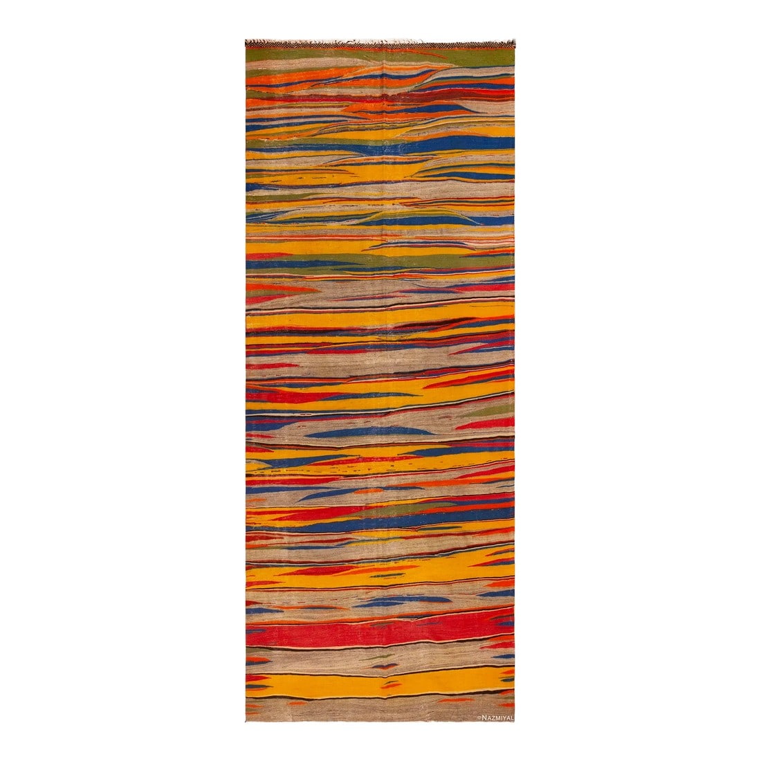 Nazmiyal Collection Vintage Moroccan Colorful Kilim Rug: Impressive Hallway Size Artistic Vintage Moroccan Colorful Kilim Rug, Country of origin: Morocco, Circa date: Vintage Condition: Alterations: Original Condition Unaltered Imperfections: Some