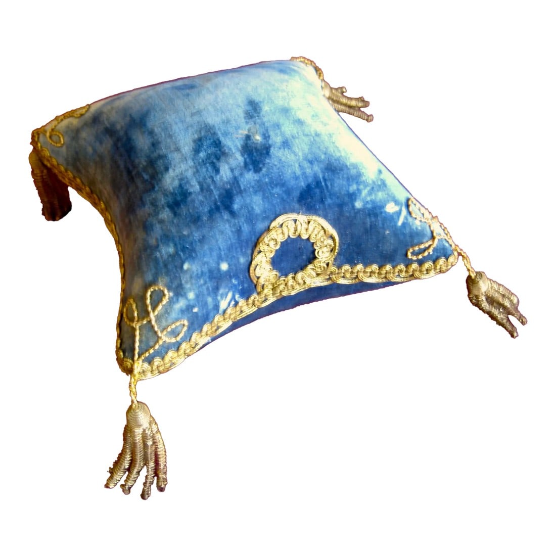 Mid 19th Century French Napoleon III Blue Silk Velvet Display Pillow/Pin Cushion: This lovely rare pillow was a decorative element of a wedding globe where a crown would be displayed , a tradition from the 18 hundreds in France . This pillow has a very beautiful bleu silk velvet an