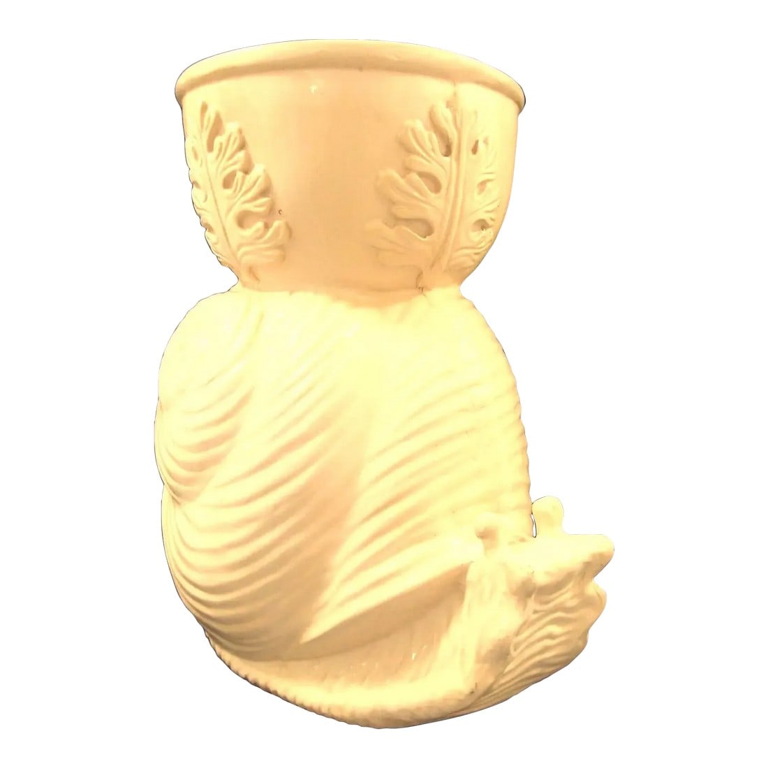 1950s Palm Beach Hollywood Regency Pale Yellow Fiberglass Snail Planter: Palm Beach Hollywood Regency Pale Yellow Tall Whimsical Fiberglass Snail Planter This Palm Beach/Hollywood Regency style planter, crafted in fiberglass, showcases a charming snail-shaped design. It