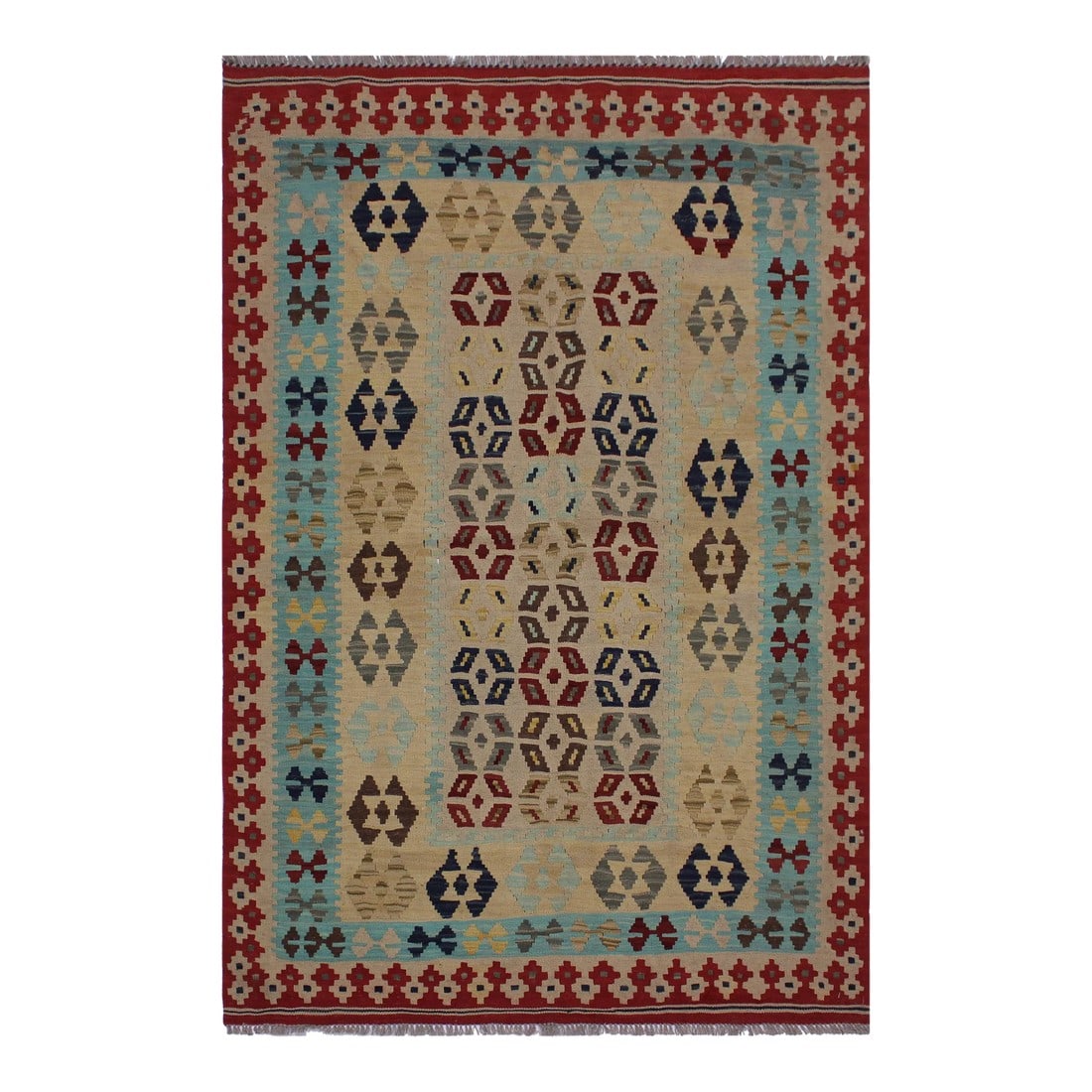 Tribal Kilim Tan Red Wool Rug - 4'7" X 6'8": Add a touch of elegance to your home with this casual chic hand woven Tribal Kilim wool rug. Constructed on a loom by Nomad Turkman people with hand-spun wool and 100% Natural Vegetable dyes these