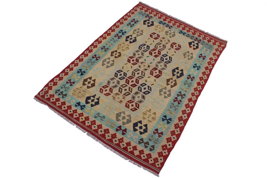 Tribal Kilim Tan Red Wool Rug - 4'7" X 6'8" - 2