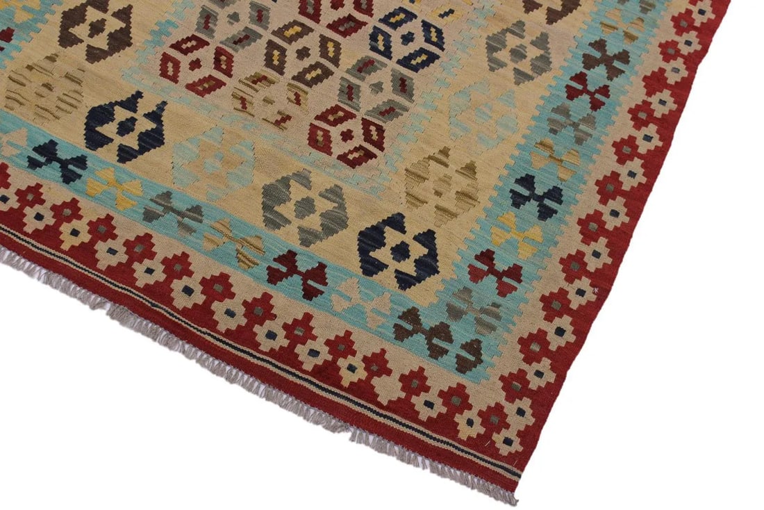Tribal Kilim Tan Red Wool Rug - 4'7" X 6'8" - 3