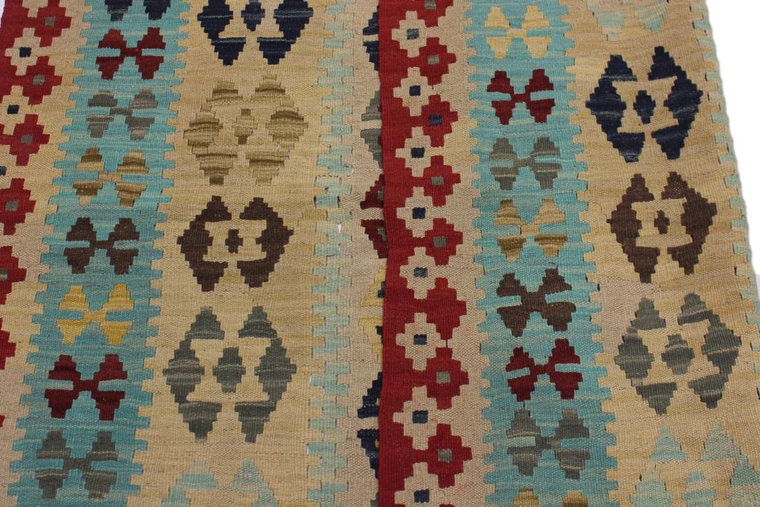 Tribal Kilim Tan Red Wool Rug - 4'7" X 6'8" - 5