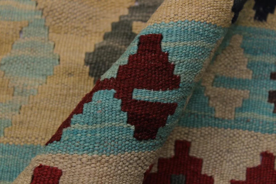 Tribal Kilim Tan Red Wool Rug - 4'7" X 6'8" - 7