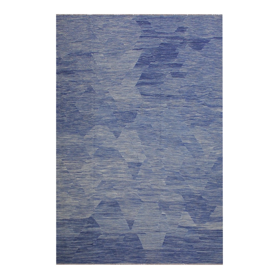 Caucasian Kilim Blue Beige Wool Rug - 9'0" X 12'4": Add a touch of elegance to your home with this casual chic hand woven Tribal Kilim wool rug. Constructed on a loom by Nomad Turkman people with hand-spun wool and 100% Natural Vegetable dyes these