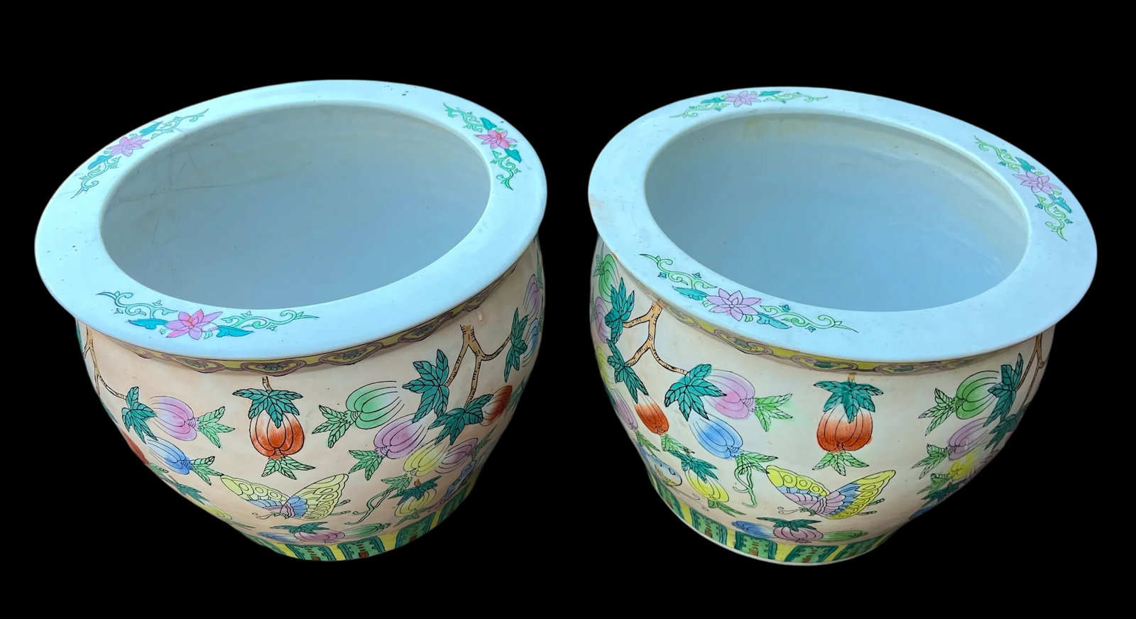 Vintage Vintage Pink, Green and White Chinoiserie Fish Bowl Planters - Set of 2 - 3