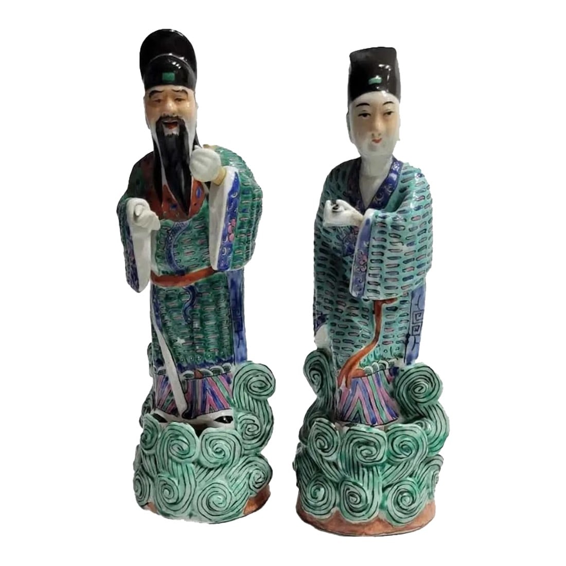 Pair of Antique Chinese Famille Rose Enamel Republic Period Porcelain Figurines: Pair of tall Antique Chinese Famille Rose Enamel porcelain figuines from the Republic period. These rare figures are 10 1/4" high with the hands still intact. Due to the fragility of the hands, they