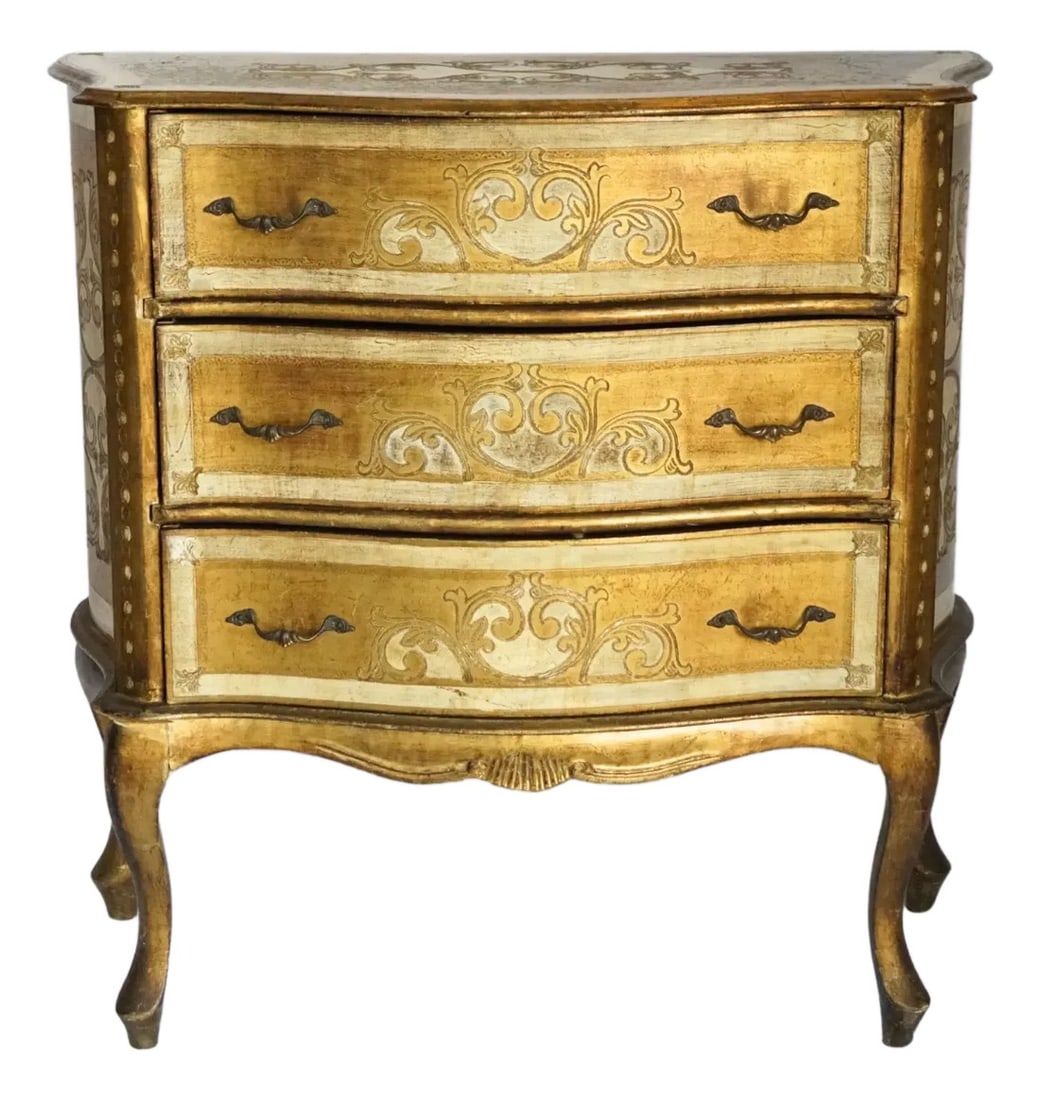 Vintage Florentine Serpentine Commode - Ivory & Gold Chest of Drawers: (Cleaned and white-glove ready "” suitable for immediate placement.) This vintage Florentine commode was crafted in Florence, Italy, in the traditional style that dates back to the 14th century.